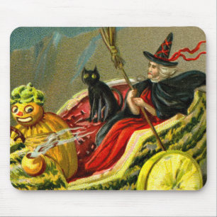 Vintage-Halloween-Schwarze Katze und Hexe Mousepad