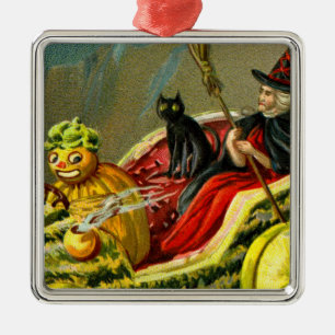 Vintage Halloween schwarze Katze und Hexe Ornament Aus Metall