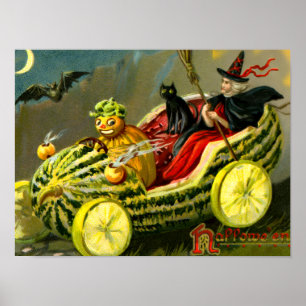 Vintage Halloween schwarze Katze und Hexe Poster