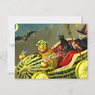 Vintage Halloween schwarze Katze und Hexe Postkarte