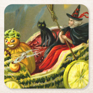 Vintage Halloween schwarze Katze und Hexe Rechteckiger Pappuntersetzer