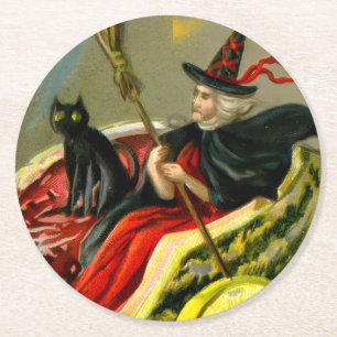 Vintage Halloween schwarze Katze und Hexe Runder Pappuntersetzer