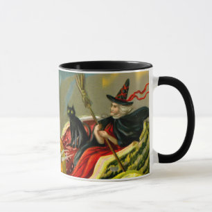 Vintage Halloween schwarze Katze und Hexe Tasse