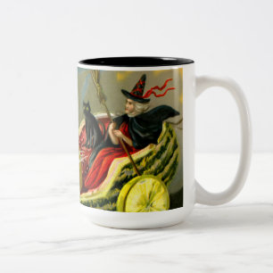 Vintage Halloween schwarze Katze und Hexe Zweifarbige Tasse