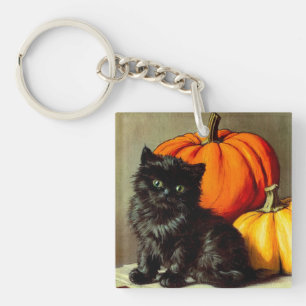 Vintage Halloween schwarze Katze und Kürbisse Schlüsselanhänger