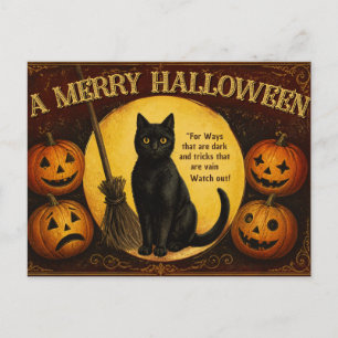 Vintage Halloween schwarze Katze, vier Jack O'Lant Postkarte