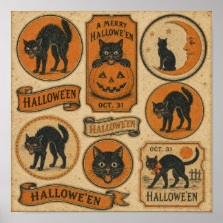 Vintage-Halloween-Schwarze-Katzen-Decke Poster