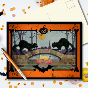 Vintage Halloween schwarze Katzen Feiertagspostkarte