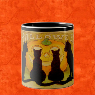 Vintage-Halloween-Schwarze Katzen & Kürbislaterne Zweifarbige Tasse