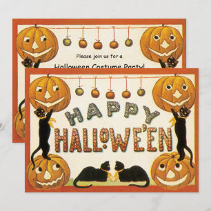 Vintage Halloween, schwarze Katzen mit Jackolanter Einladung