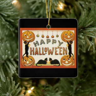 Vintage Halloween, schwarze Katzen mit Jackolanter Keramikornament