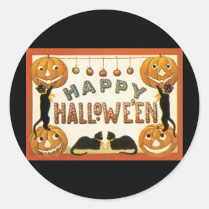 Vintage-Halloween, schwarze Katzen mit Jackolanter Runder Aufkleber