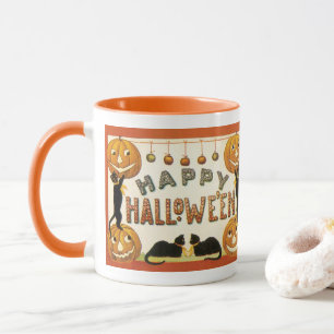 Vintage Halloween, schwarze Katzen mit Jackolanter Tasse