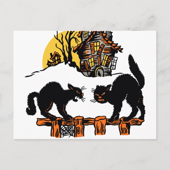 Vintage Halloween schwarze Katzen Trick oder Treat Postkarte (Vorderseite)