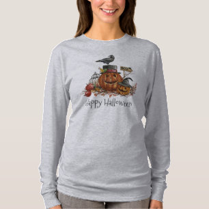 Vintage-Halloween-Schwarzer-Vogel-Kürbis-Ärmel-Shi T-Shirt