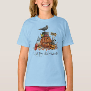 Vintage Halloween schwarzes Vogel-Kürbis-Ärmel-Shi T-Shirt