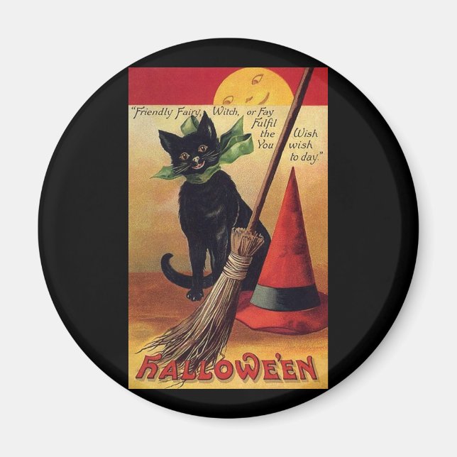 Vintage Halloween-Schwarzkatze, Hexenkammer und Hu Magnet (Vorne)