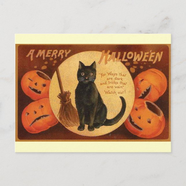 Vintage Halloween-Schwarzkatze Postkarte (Vorderseite)
