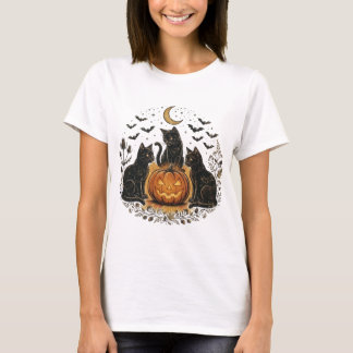 Vintage-Halloween-Schwarzkatze- und Kürbis-T-Shirt T-Shirt