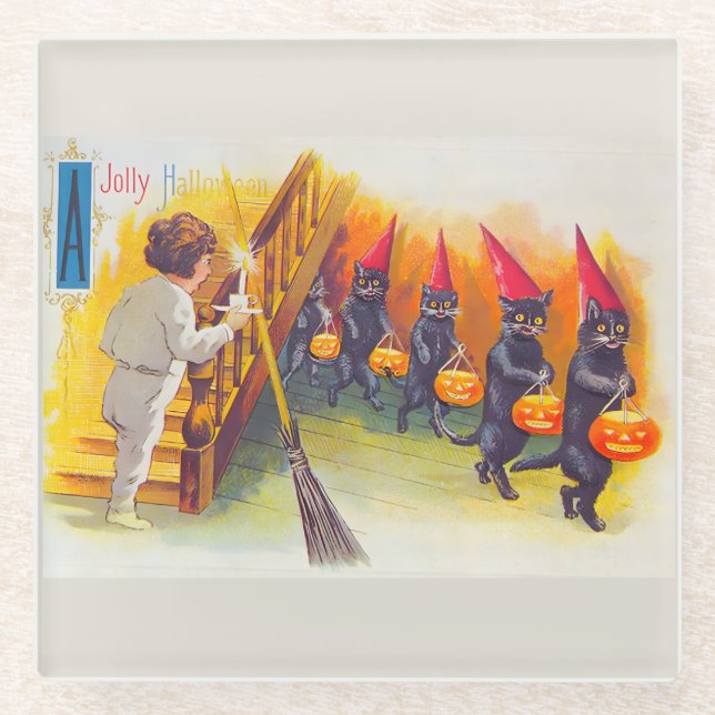Vintage Halloween-Schwarzkatzen Glasuntersetzer (Vorderseite)
