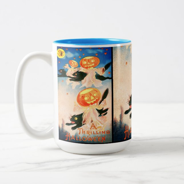 Vintage Halloween-Schwarzkatzen Zweifarbige Tasse (Links)