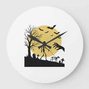 Vintage-Halloween-Skelett-Hund-Mond-Vektor-Design_ Große Wanduhr