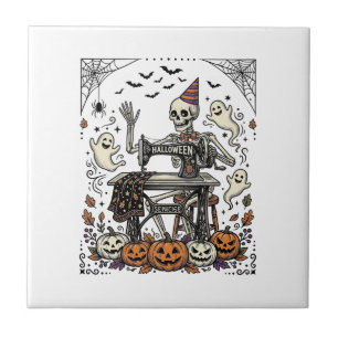Vintage-Halloween-Skelett-Nähmaschine-Shirt De Fliese