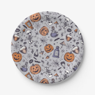 Vintage-Halloween-Skelett- und Trankmuster Pappteller