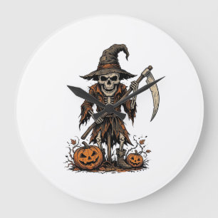 Vintage-Halloween-Skelett-Vogelscheuche-Kürbis-Shi Große Wanduhr