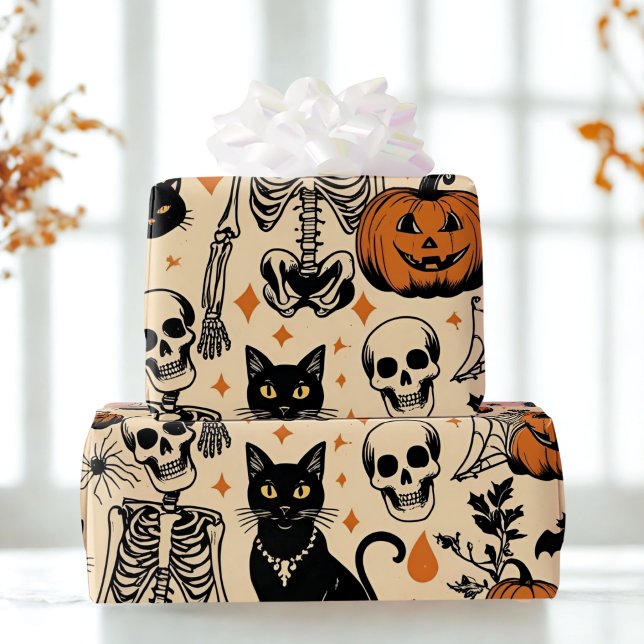 Vintage Halloween-Skelette, Black Cats & Pumpkins Geschenkpapier (Von Creator hochgeladen)