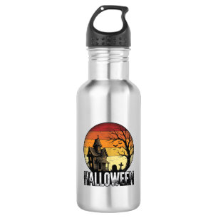 Vintage-Halloween-Spookhaus-Sonnenuntergangs-Vekto Edelstahlflasche