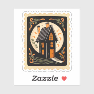 Vintage-Halloween-Spookhaus & Vollmond-Stempel Aufkleber