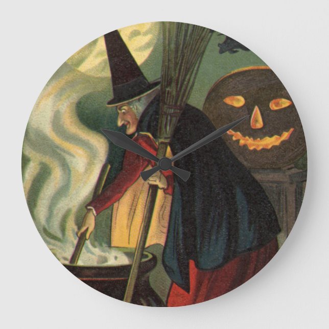 Vintage Halloween-Stirring Magic Cauldron Große Wanduhr (Vorderseite)