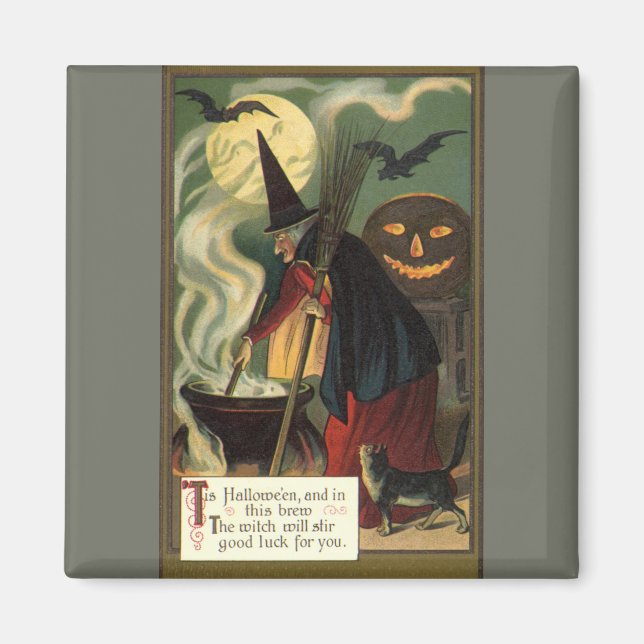 Vintage Halloween-Stirring Magic Cauldron Magnet (Vorne)