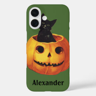 Vintage Halloween, Süße schwarze Katze in einem Kü iPhone 16 Hülle