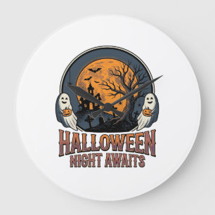 Vintage-Halloween-Szene graviertes Mond-Geist-Shir Große Wanduhr