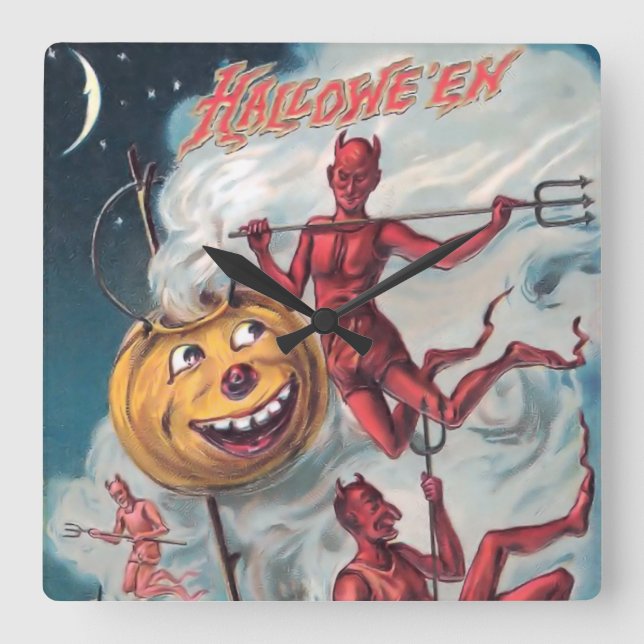 Vintage Halloween-Teufelswand Quadratische Wanduhr (Vorderseite)