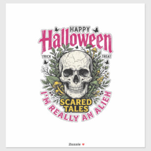 Vintage-Halloween-Totenkopf-Alien-Grafik für weiße Aufkleber