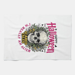 Vintage-Halloween-Totenkopf-Alien-Grafik für weiße Geschirrtuch