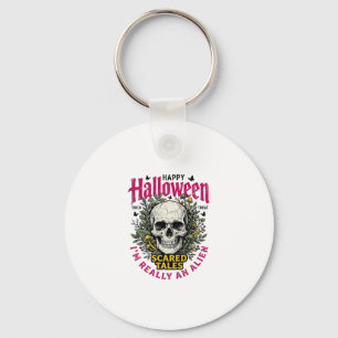 Vintage-Halloween-Totenkopf-Alien-Grafik für weiße Schlüsselanhänger