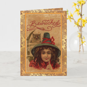 Vintage Halloween Verhexte Hexe und Eule Karte