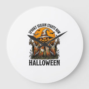 Vintage-Halloween-Vogelscheuche-Kürbis-Hexe-Shirt_ Große Wanduhr