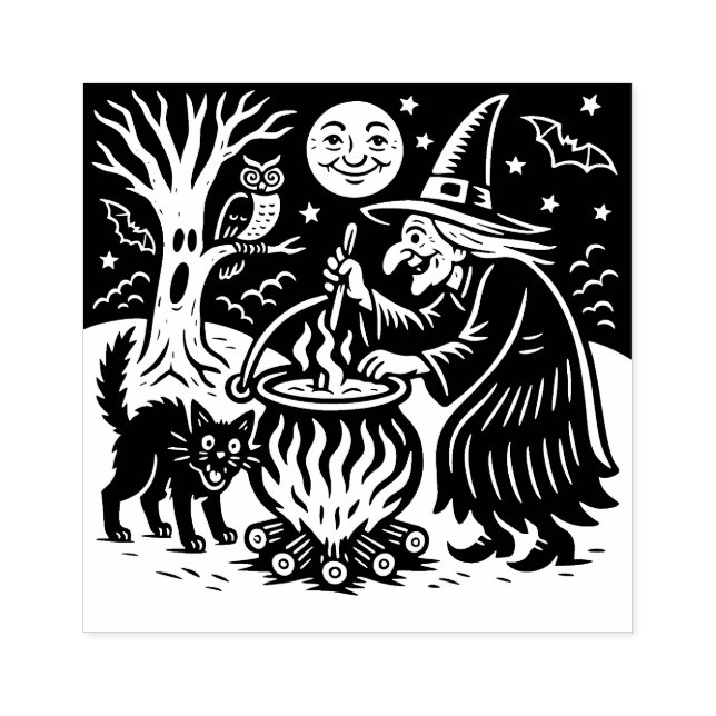 Vintage Halloween Witch and Cat Rubber Stamp Gummistempel (Prägung)