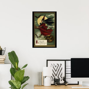 Vintage Halloween Witch Riding Broomstick with Cat Poster