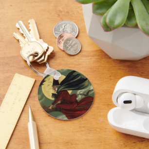 Vintage Halloween Witch Riding Broomstick with Cat Schlüsselanhänger