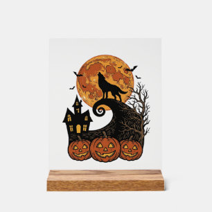 Vintage-Halloween-Wolf-Mond-Kürbis-Shirt-Design_1 Acrylschild