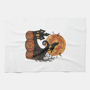 Vintage-Halloween-Wolf-Mond-Kürbis-Shirt-Design_1 Geschirrtuch