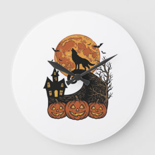 Vintage-Halloween-Wolf-Mond-Kürbis-Shirt-Design_1 Große Wanduhr