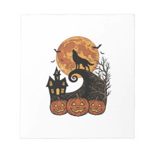 Vintage-Halloween-Wolf-Mond-Kürbis-Shirt-Design_1 Notizblock