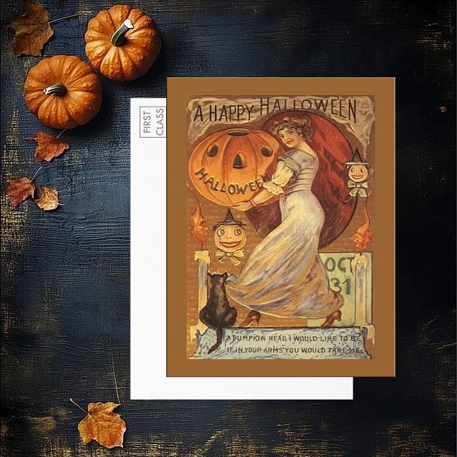 Vintage Halloween Woman Pumpkin Black Cat Postkarte (Vintage Halloween Woman Pumpkin Black Cat Postcard)